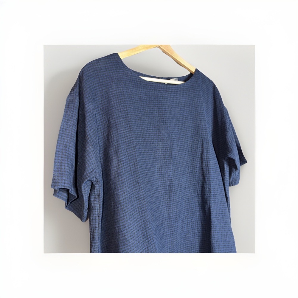 Eileen Fisher Organic Linen Black Blue Checkered Gingham Top Size Small Boxy - Picture 2 of 5